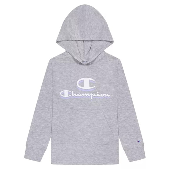Champion Girls' Long-Sleeve Script Hooded T-Shirt with Front Pocket (Grey, Large, L)