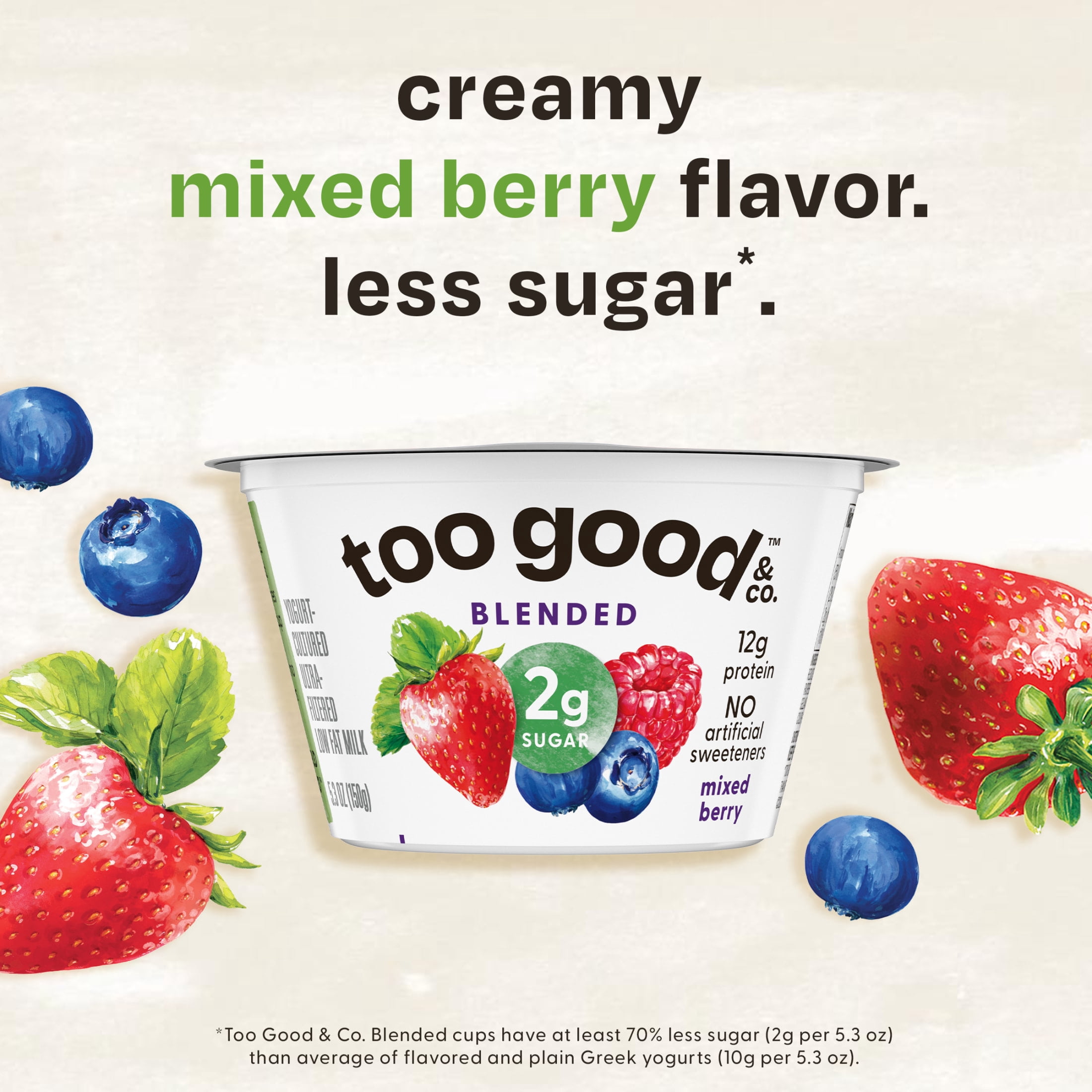 Too Good & Co. Blended Mixed Berry Yogurt-Cultured Ultra-Filtered Low Fat Milk Product Cup, 5.3 oz