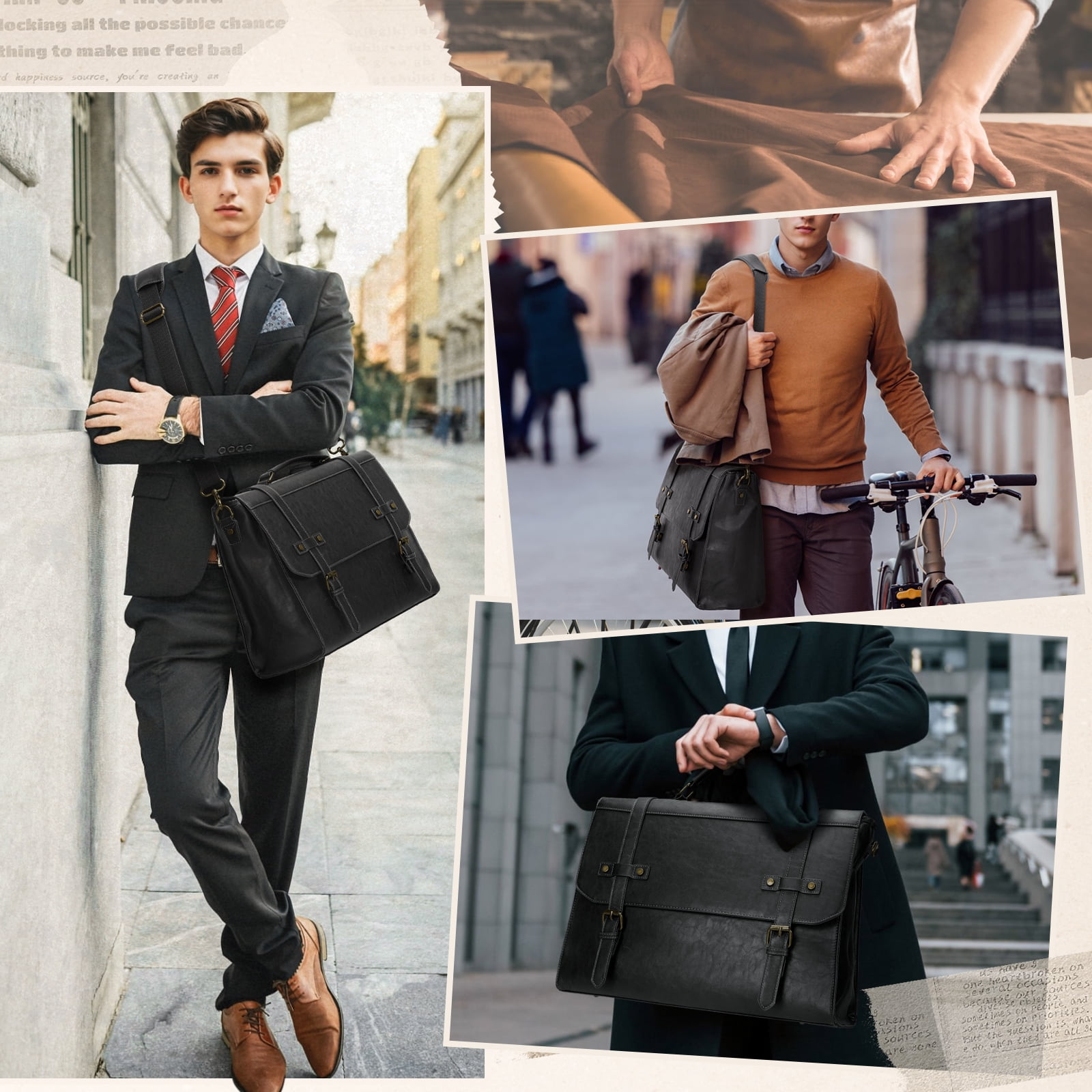 RAINSMORE Mens Messenger Bag 17 Inch Waterproof Vintage Leather Laptop Briefcase Satchel Bag Computer Shoulder Bag Large Laptop Bag for Office Business Travel College,Black