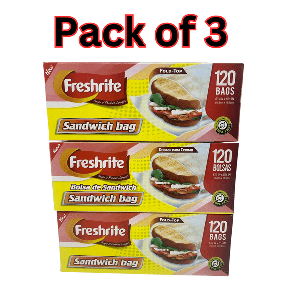 Freshrite Fold-Top Sandwich Bags, 6.5" x 5.5", 120 Count (Pack of 3), BPA Free