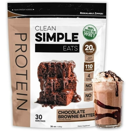 Clean Simple Eats Chocolate Brownie Batter Whey Protein Powder, Natural Sweetened and Cold-Processed 20 Grams of Protein (30 Servings)