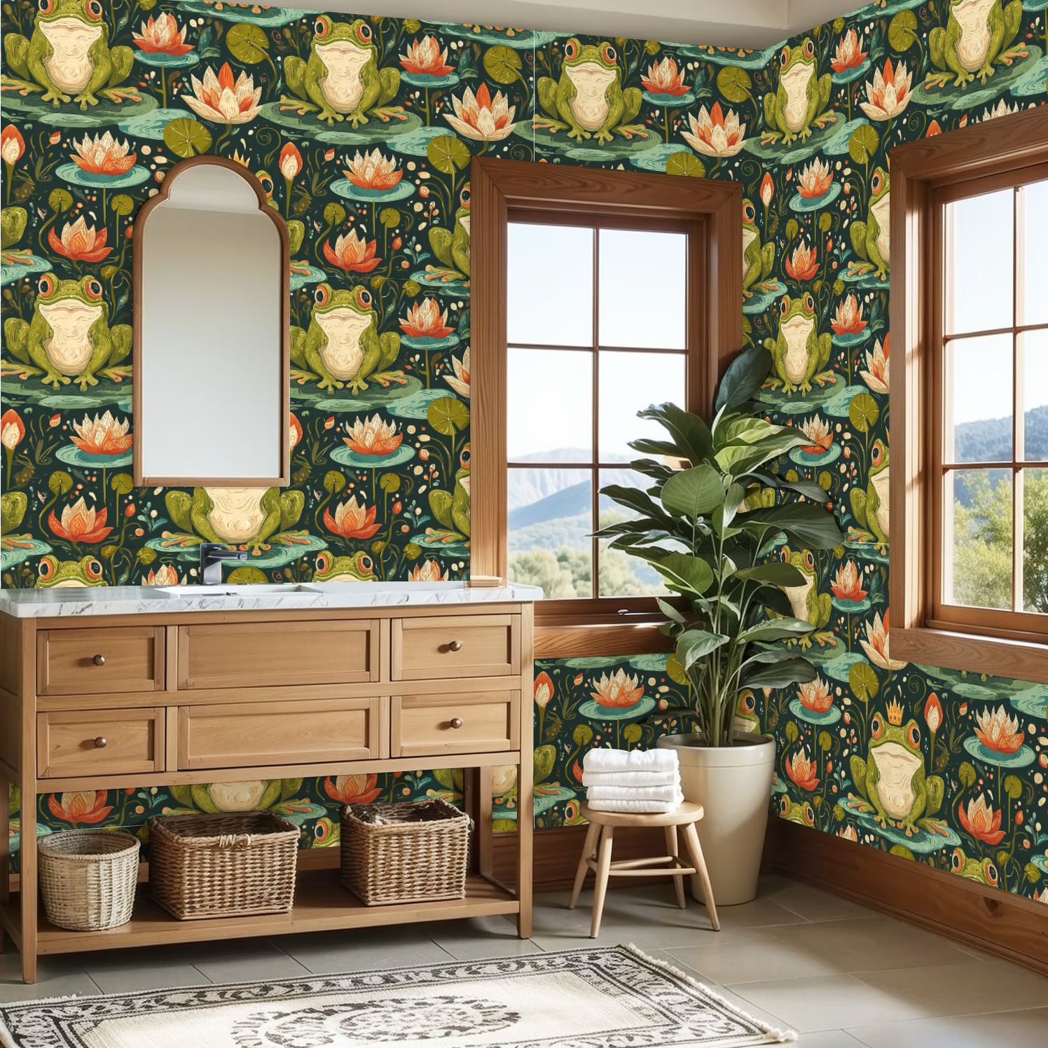 Peel and Stick Wallpaper 23.6in x 9.8ft Whimsical Frogs Water Lilies Crown Botanical Contact Paper Vinyl Self-Adhesive Removable Wall Paper for Bedroom Kitchen Cabinet Décor Renter Friendly
