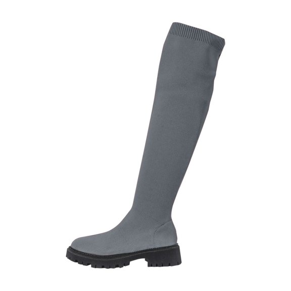 KEGIRLOM Women's Fashion Casual Winter Mesh Elastic Stockings Boots Solid Color Round Toe Heel Low Heel Over-The-Knee Boots Gray 7