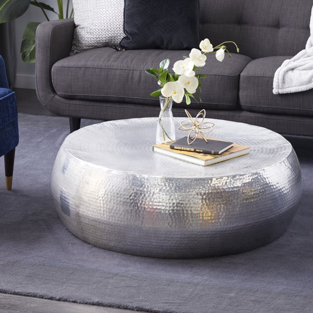 DecMode 42" x 14" Silver Aluminum Drum Shaped Coffee Table with ...