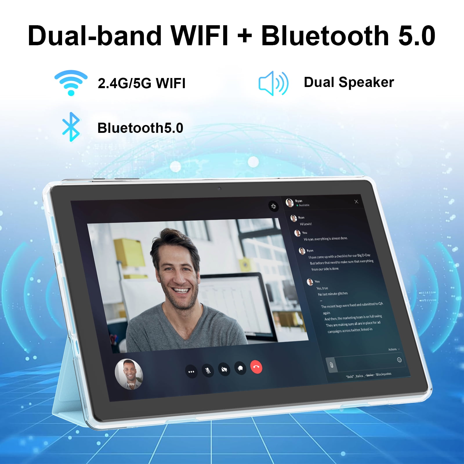 Android 15 Tablet with Case, 10 inch Tablets, 12GB RAM 64GB ROM 1TB Expand, 2.0Ghz Quad-Core Tablet PC, 5G WiFi, Bluetooth 5.0, 6000mAh Battery, 1280x800 FHD Screen, 2MP+8MP Dual Cameras, GMS, Blue