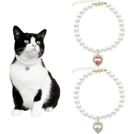 Shukong 2 Pcs Dog Pearl Necklace Small Heart Shape Rhinestone Pet Collar Adjustable Dog Collar Wedding Party Pet Jewelry Accessories for s Puppy Small Dogs (Pink  White)