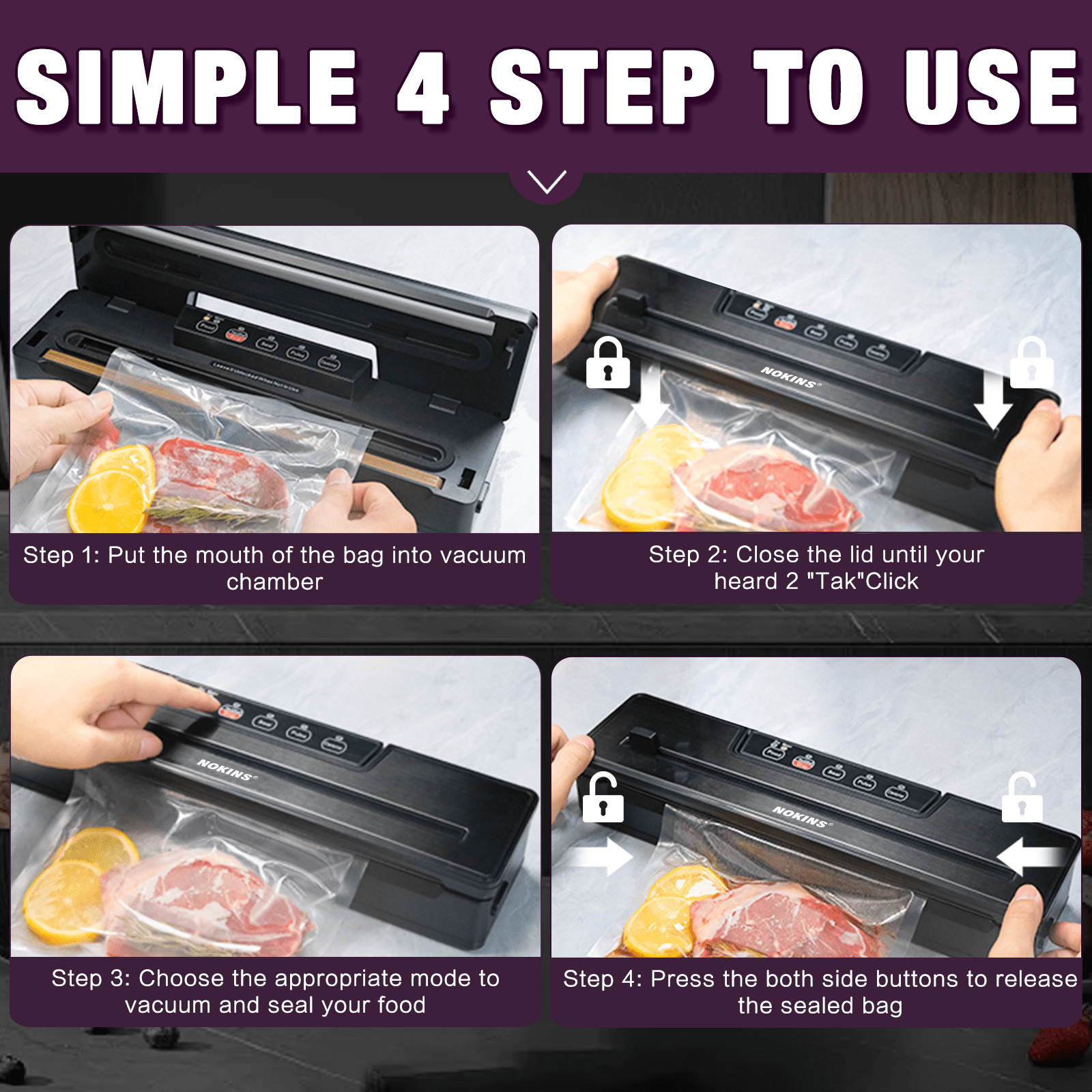 NOKINS 8-in-1 Food Vacuum Sealer Machine, Black, with Stainless Steel Surface and Detachable Drip Tray