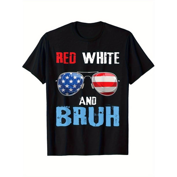 Red White And Bruh 4th of July Patriotic Boys T-Shirt - American Flag Fashion Glasses Graphic & Distressed Lettering, Regular Fit Casual Tee for Kids & Teens, Year-Round Comfort, Black