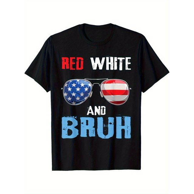 Red White And Bruh 4th of July Patriotic Boys T-Shirt - American Flag Fashion Glasses Graphic & Distressed Lettering, Regular Fit Casual Tee for Kids & Teens, Year-Round Comfort, Black