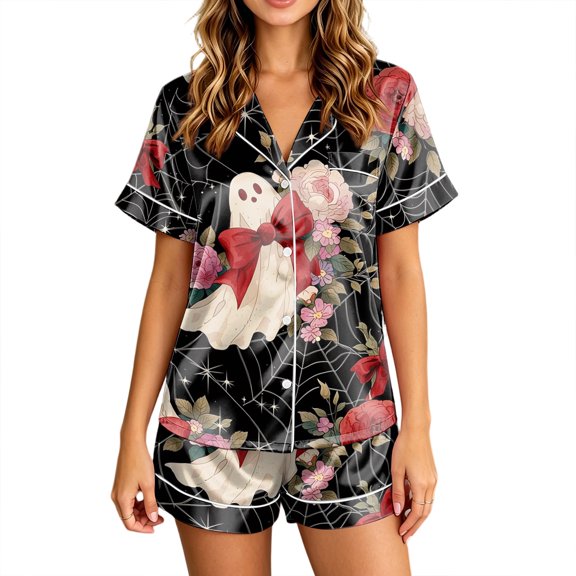 Women's Halloween Pajama Set Cute Ghost Pumpkin Print Silk Button down 2 Piece Short Sets Lounge Sleepwear Red S