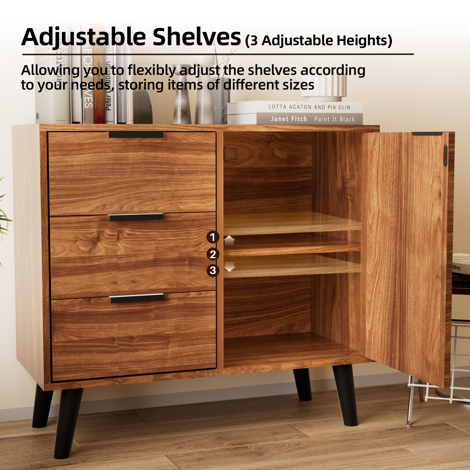 Msutree Buffet Sideboard Cabinet with Storage, Mid-Century Storage Cabinet with 3 Drawers and 1 Door, Kitchen Pantry Cabinet, Freestanding Accent Storage Cabinet for Living Room, Entryway