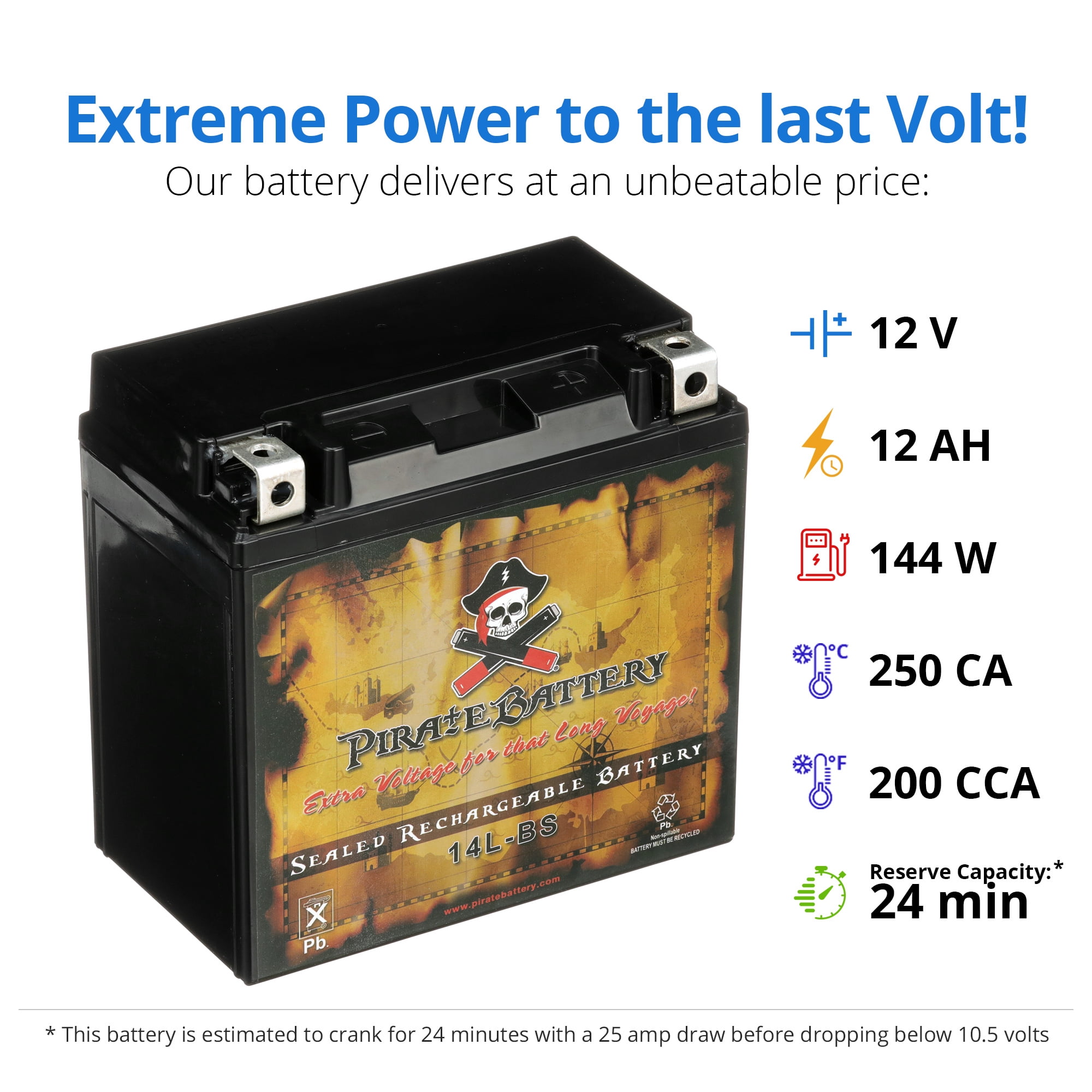 Pirate Battery YTX14L-BS (14L-BS 12 Volt,12 Ah, 200 CCA) Motorcycle Battery for Harley-davidson Xl, Xlh (sportster)