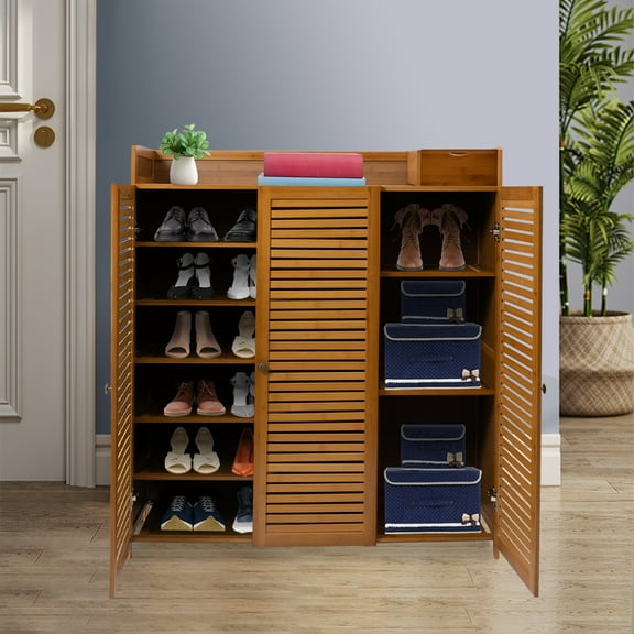 Modern Brown MDF   Bamboo Shoe Cabinet with Doors Large Storage Space 38.6*12.6*45.3in Shoe Cabinet with Doors