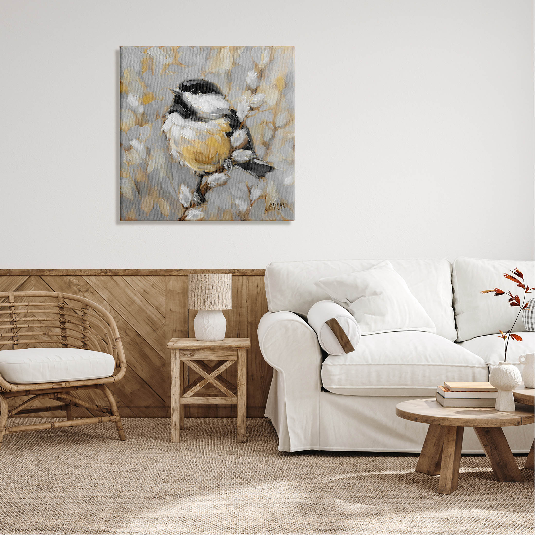 Bird Perched Pussy Willow Wildlife Animals & Insects Painting Gallery Wrapped Canvas Print Wall Art