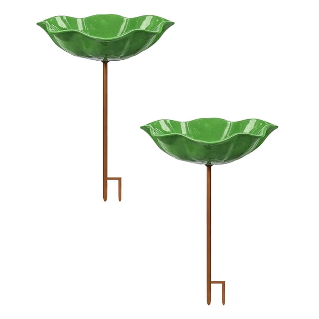 Hydrating 2pc Handmade Metal Flower Garden Stake With Bird Bath and Pollinator Water Station Bath For Garden Metal Water Feeder With Flower Design For Outdoor Yard Decor-F