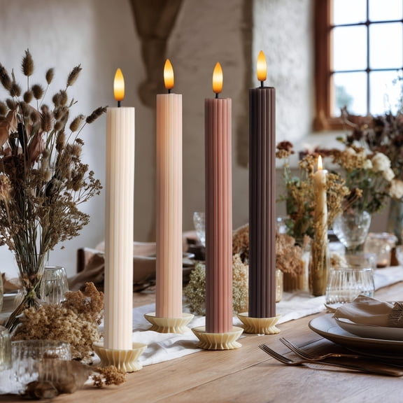 WYZworks Coordinated Chocolatey Mocha Brown 4 Pack Set, 10" LED Flameless Fluted Ribbed Grooved Taper Candles, Remote & Timer Memory, On/Off Button, Dimmable, Battery Operated, Menorah Wedding