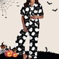 thumbnail image 2 of Puliio Halloween Women's Pajama Sets Pjs Ghost Print Summer Collared Short Sleeve Shirt and Pants Breathable Loungewear Set for Home Wear Sleepwear, 2 of 7