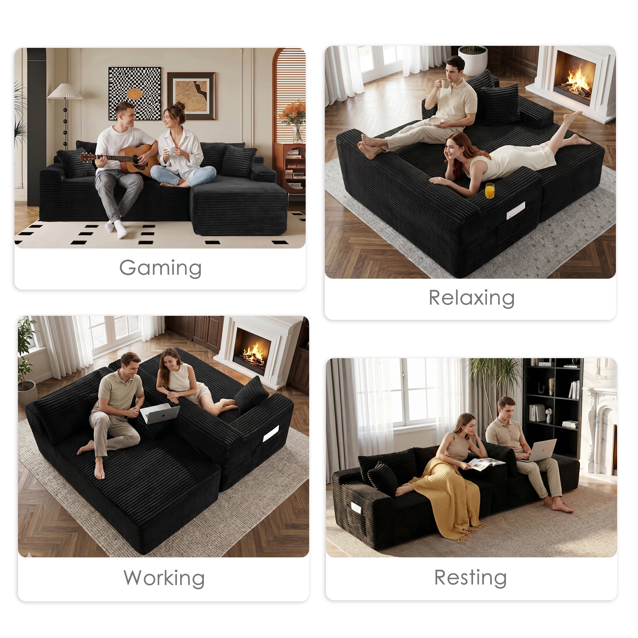 Xiweot 106" Cloud Sectional Sofa Deep Seat Boneless Couch L-Shaped Modular Couch, Modern Right Chaise Corduroy Upholstered Sofa with Side Pockets for Living Room, Gray