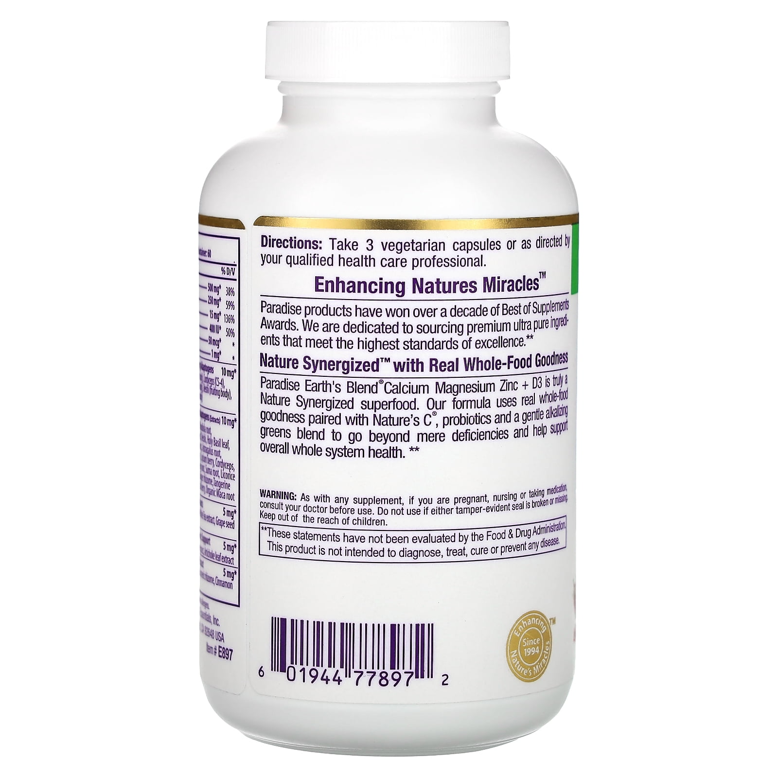Paradise Herbs Earth's Blend, Cal-Mag Zinc + D3, 180 Vegetarian Capsules