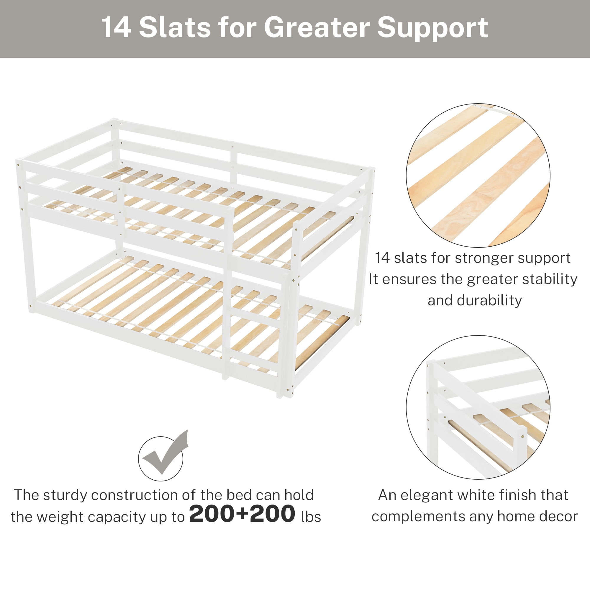 PORKISS Bunk Bed Twin Over Twin, Low Floor Bunk Bed for Kids with Guard Rails for Dorm, Small Space, No Box Spring Needed, White