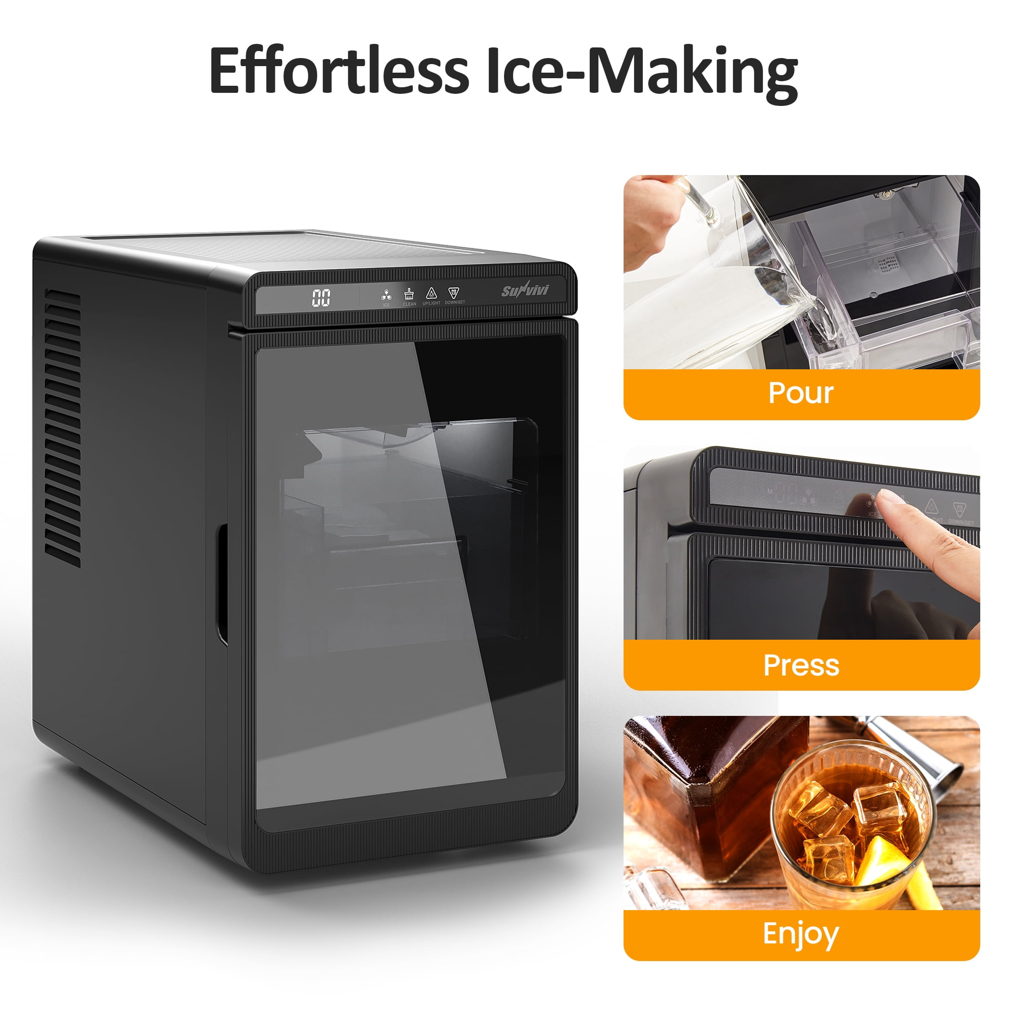 Cozy Home Clear Ice Maker for Home – Compact Countertop Ice Machine with 1.6" Square Ice Cubes, Self-Cleaning, LED Light & Timer, Portable Electric Ice Maker for Kitchen, Bar, RV, Black