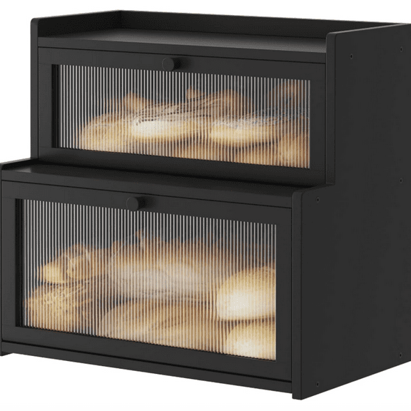 Double Layer Bamboo Bread Box for Kitchen Counter, Countertop Bread Storage Container, Bread Container Bread Storage with Window Bread Holder (Black)