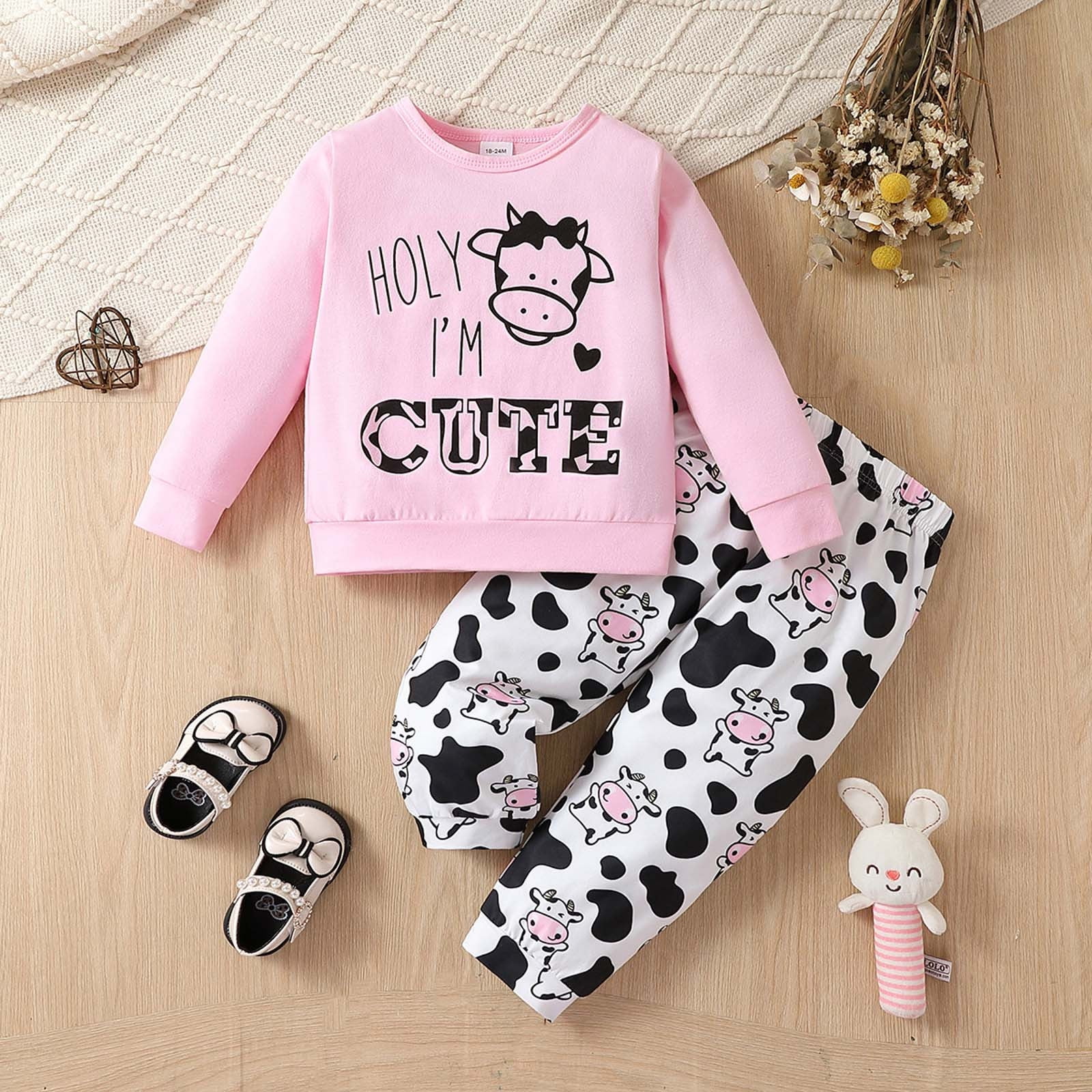 Girls Fall Outfits Long Sleeve Cartoon Cow Prints Tops Pants Two Piece Casual Outfits Set Baby Clothing Pink 3 Years-4 Years