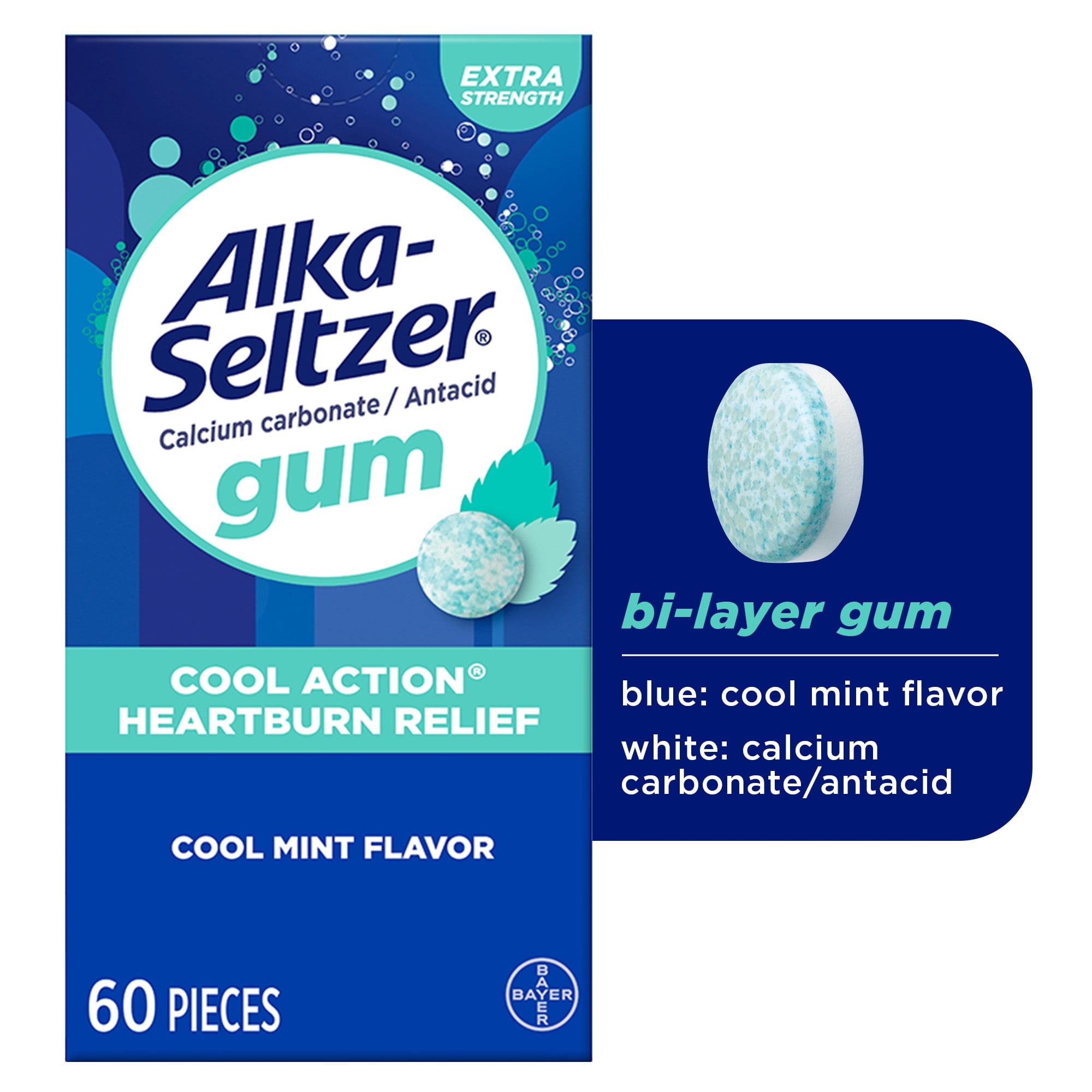 Alka-Seltzer Cool Action Heartburn Relief Gum, Cool Mint Flavor, 60 Count