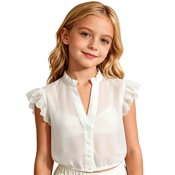 Teen Girls Cropped Shirts V Neck Ruffle Sleeve Solid Color Top For Girls Tee For Casual Outfits Breathable For Young Fashion Enthusiasts 11-12 Years