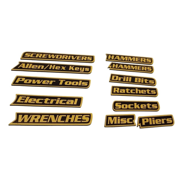 12 etiquetas para caja de herramientas. Versátiles y fáciles de instalar. Etiquetas metálicas para cajones, armarios y almacenamiento en garaje. Amarillo