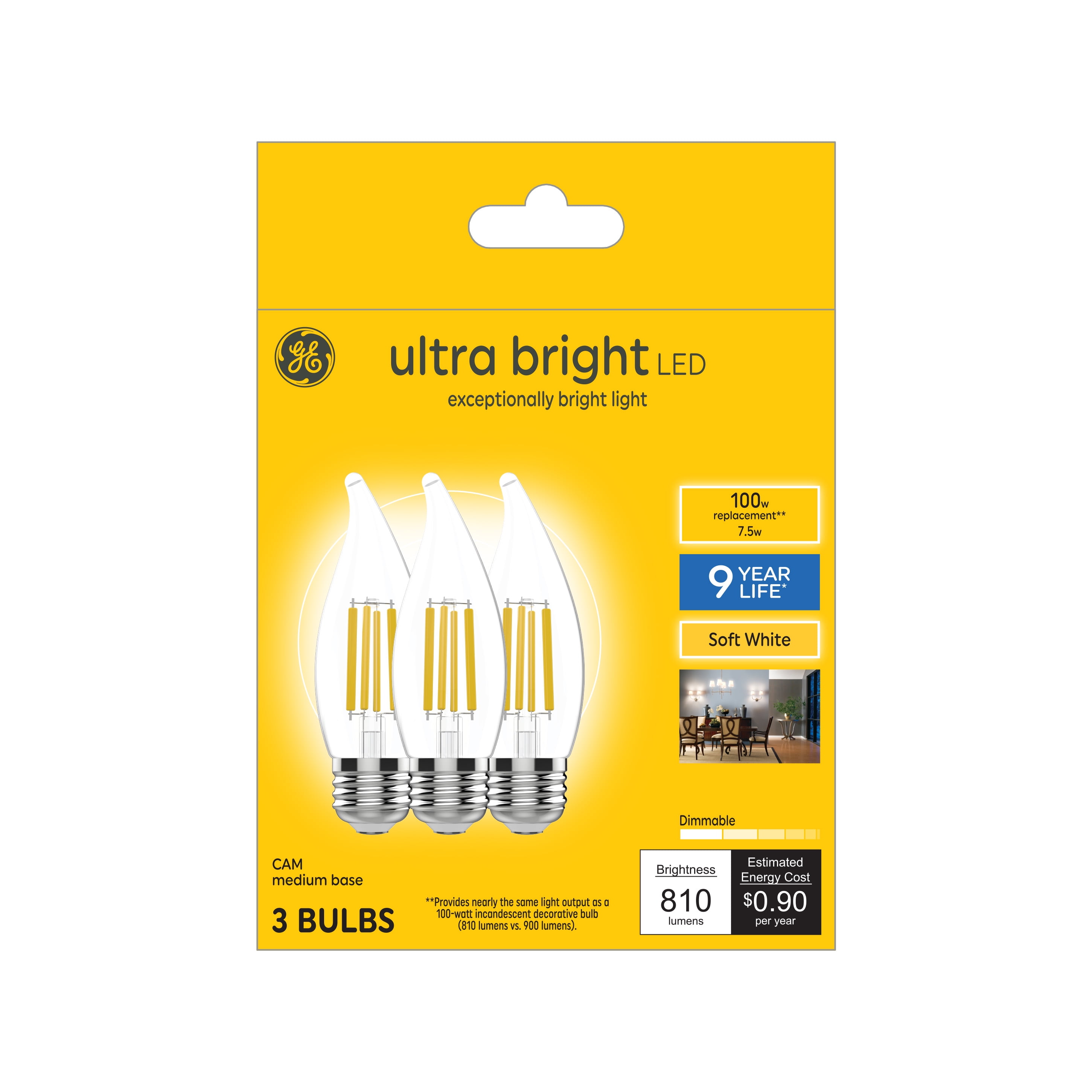 GE Ultra Bright LED Light Bulbs, Decorative Bent Tip Bulb Shape, Soft White, 100 Watt Replacement, Medium Base, Dimmable (3 Pack)