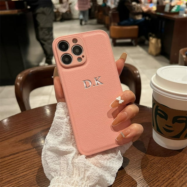 Personalized Luxury Leather DIY Case For iPhone 16 15 14 13 12 11 Pro Max Customized Name Initials Engraved Cover 15 Pro Max pink for iphone14ProMax(6.7")