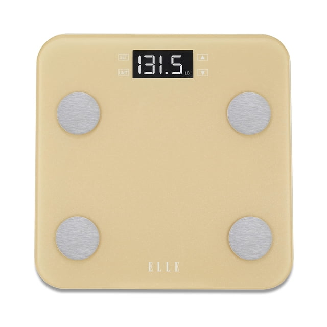 Báscula digital ELLE con analizador de IMC y 7 indicadores de actividad física, dorada, pantalla LCD, capacidad de 181 kg, plataforma de vidrio templado