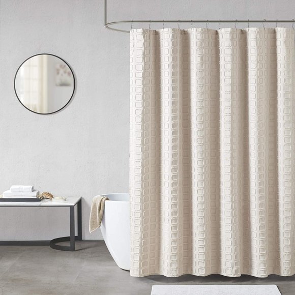 SHIQI-Metro Bathroom Shower, Textured Woven Clipped Design Modern Mid-Century Privacy Bath Fabric Curtains, 72"x72", Sand