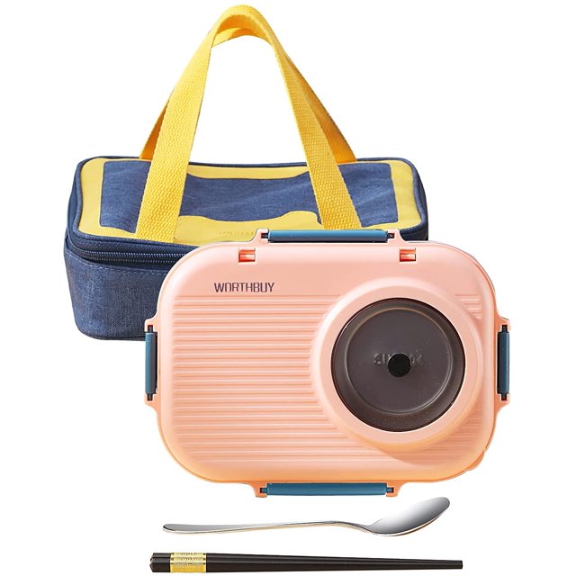 Bento Box with Soup Bowl, Camera Lunch Box for Kids, 3-Compartment Portion Control Stainless Steel Lunch Container for Adults, Leakproof Bento Lunch Box with Bag and Utensils (Blue & Pink)