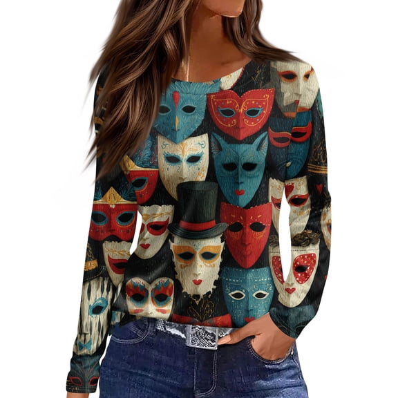 Mardi Gras Shirts for Women Carnival Glitter Crew Neck T Shirts Mask Print Long Sleeve Novelty Blouse Red XL