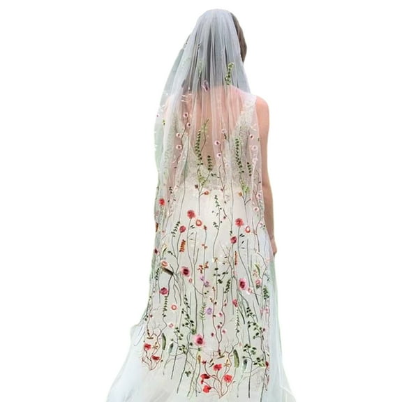 Long Floral Tulle Wedding Veil 57inch with Comb - Delicate Bridal Head Accessory for Outdoor Garden Weddings