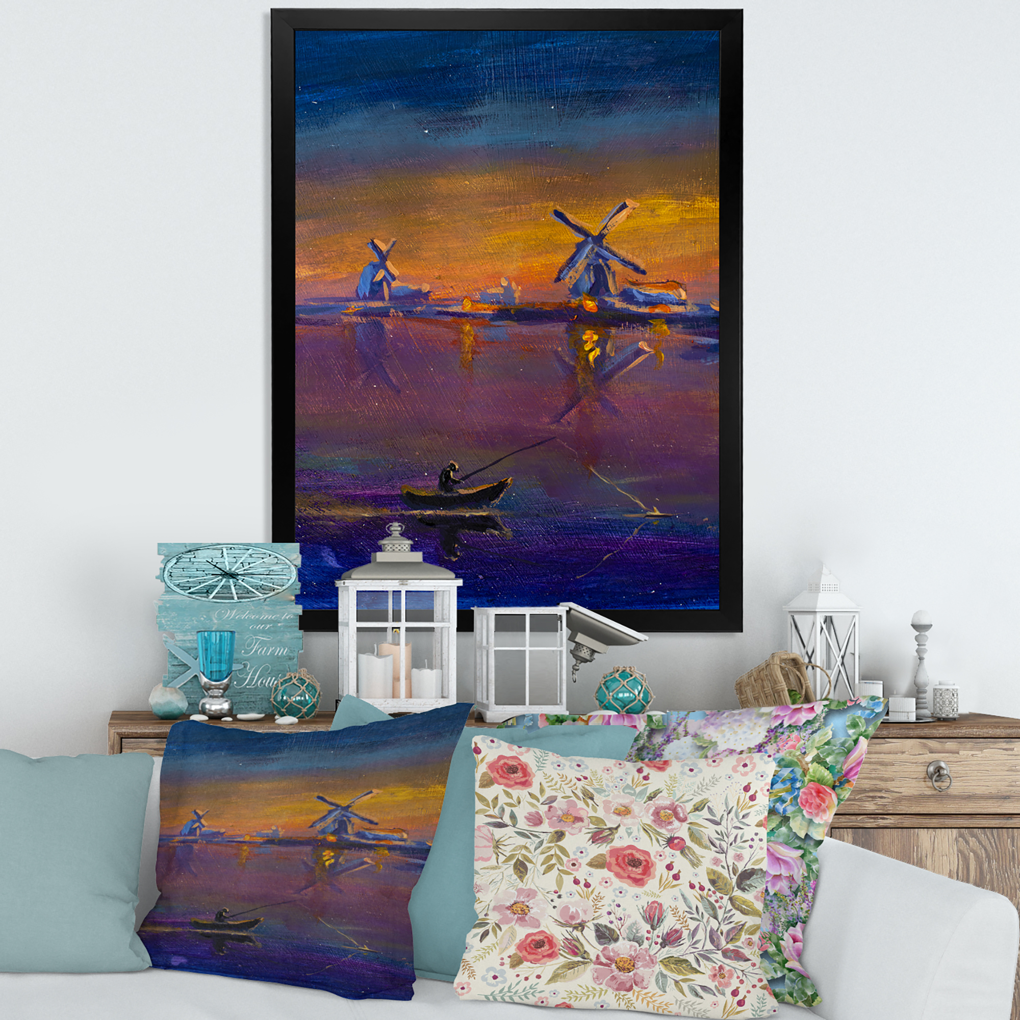 Designart 'Evening Fishing Near The Traditional Windmill' Nautical & Coastal Framed Art Print