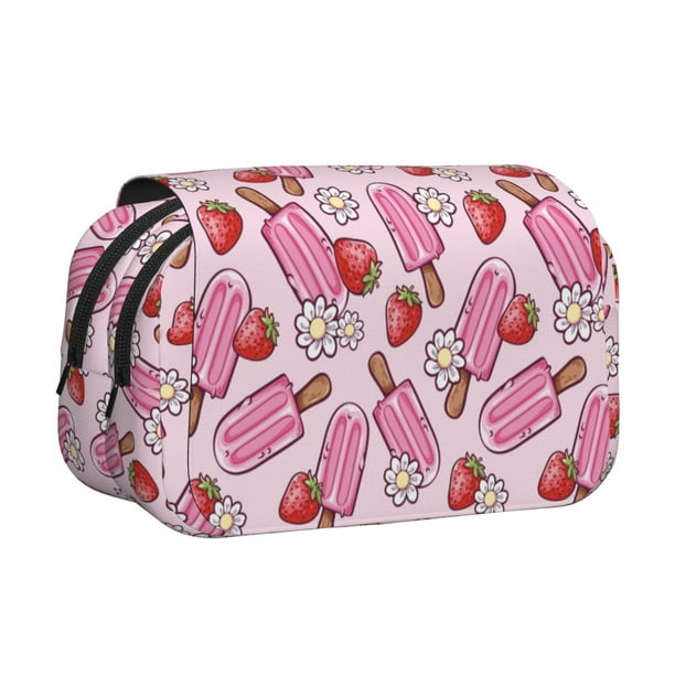 Disketp Strawberry Popsicle Estuche de Lápices de Doble Capa con Tapa Abatible y Cremallera, Organizador Escolar para Adolescentes y Adultos