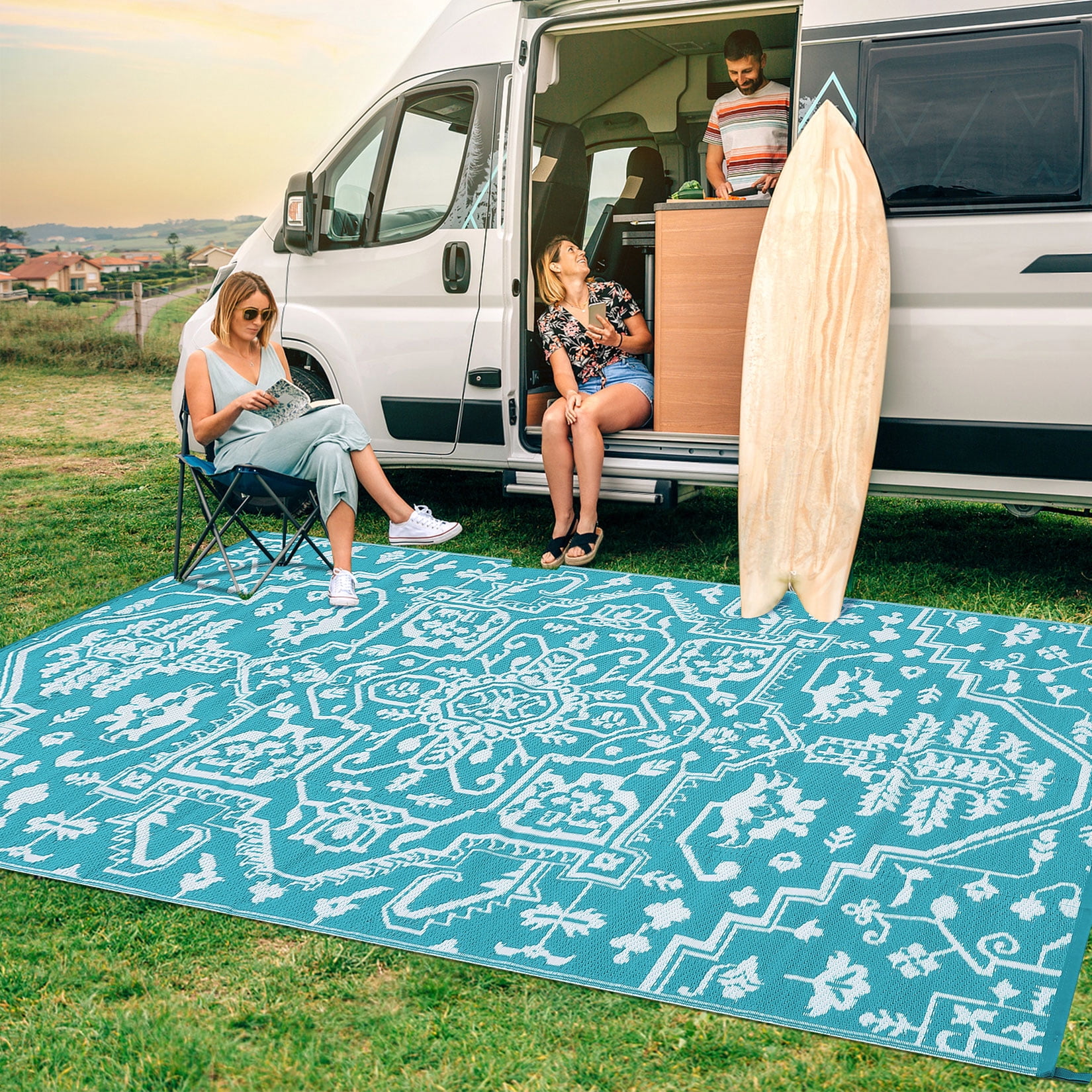Haperlare 9'x18' Waterproof Outdoor Rug, Reversible Plastic Straw Patio Rug Vintage Medallion Outdoor Carpet, Stain Resistant Portable RV Mat for Balcony, Porch, Picnic, Backyard, Blue and White