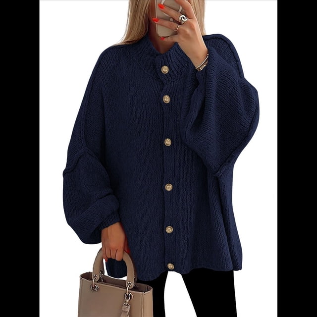 Cárdigan de Invierno con Botones para Mujer, Cuello Alto, Larga, Punto Grueso, Abrigo Negro S