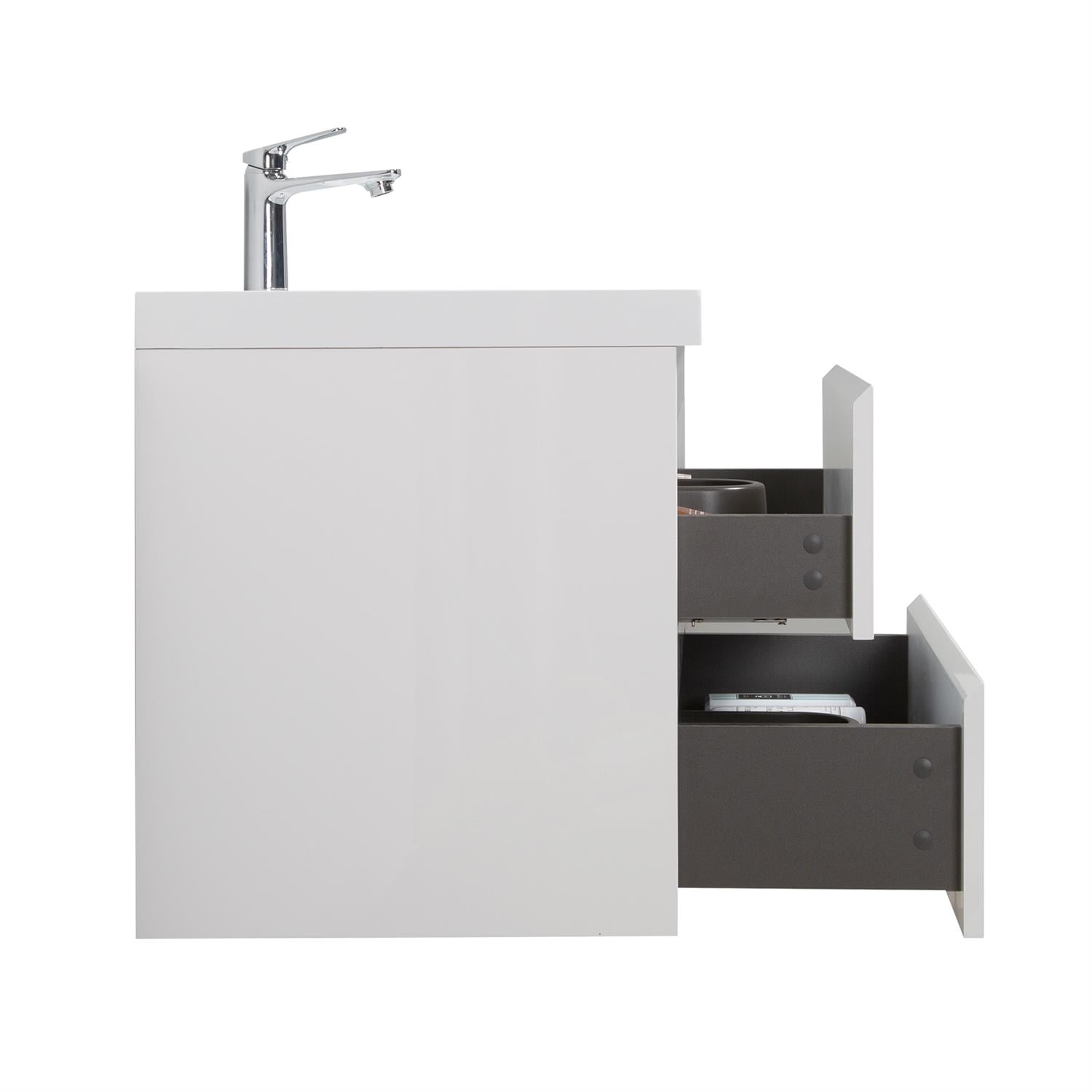 Demi Bonn 30" Floating Bathroom Vanity with Sink, Resin Top Basin and 2 Soft Close Drawers, Faucets and Drains Not Included, White