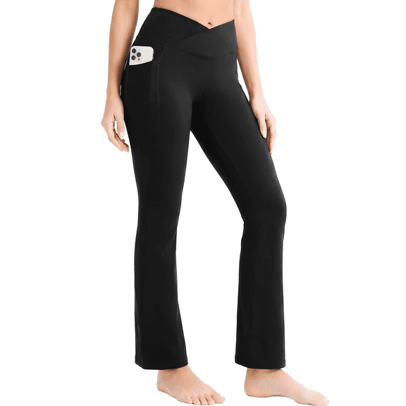 Yogaration Flare Leggings for Women, High Rise V-Waist Crossover BLack Yoga Pants with Pockets Tummy Control, S-XXL