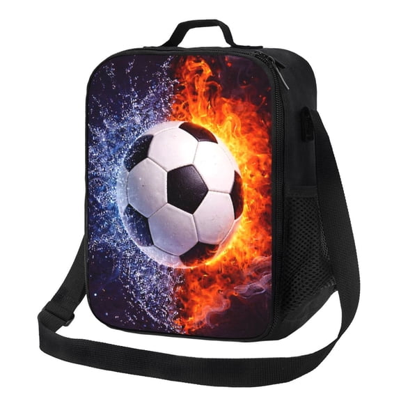Soccer Fire And Water Lunch Bag Insulated Thermal Box with Shoulder Strap & Handle for Work and Picnic