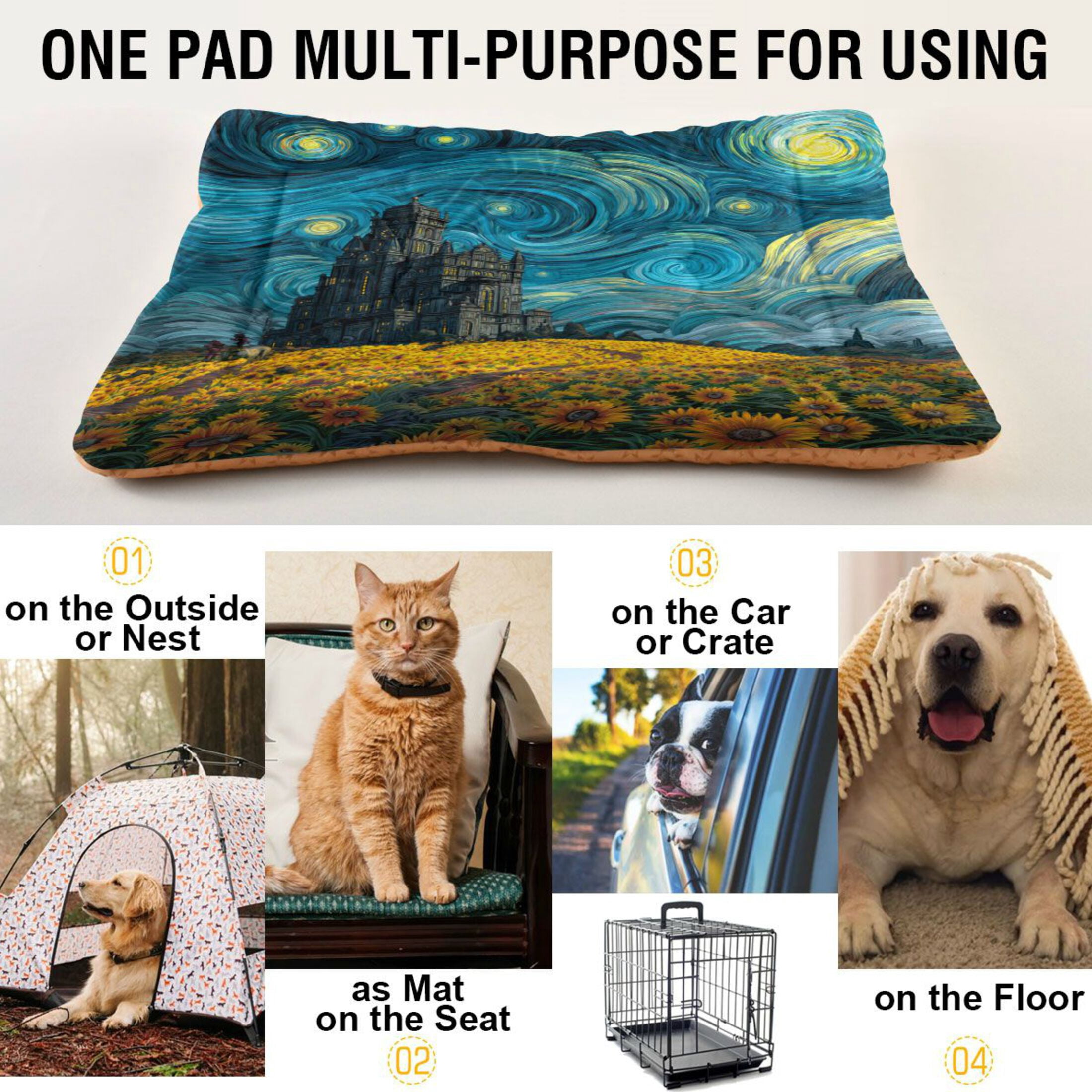 Qxltty Sunflower Field Ped Pad Wear-resistant and Hard to Bite Through Sleeping Pad for Small Medium Large Dogs Winter Pet Bed 36×24in