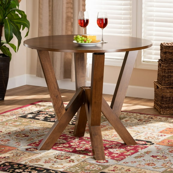 Round Wood Dining Table - 35 Inch Walnut Brown Tabletop, Sculptural Base, Dining Room Table