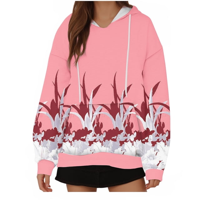 Rbaofujie Chandails à Capuchon pour Enfants Chandail à Capuchon pour Femmes à Coupe Ample à Manches Longues Haut de Sport Rose Chandail à Col Rond pour Femmes