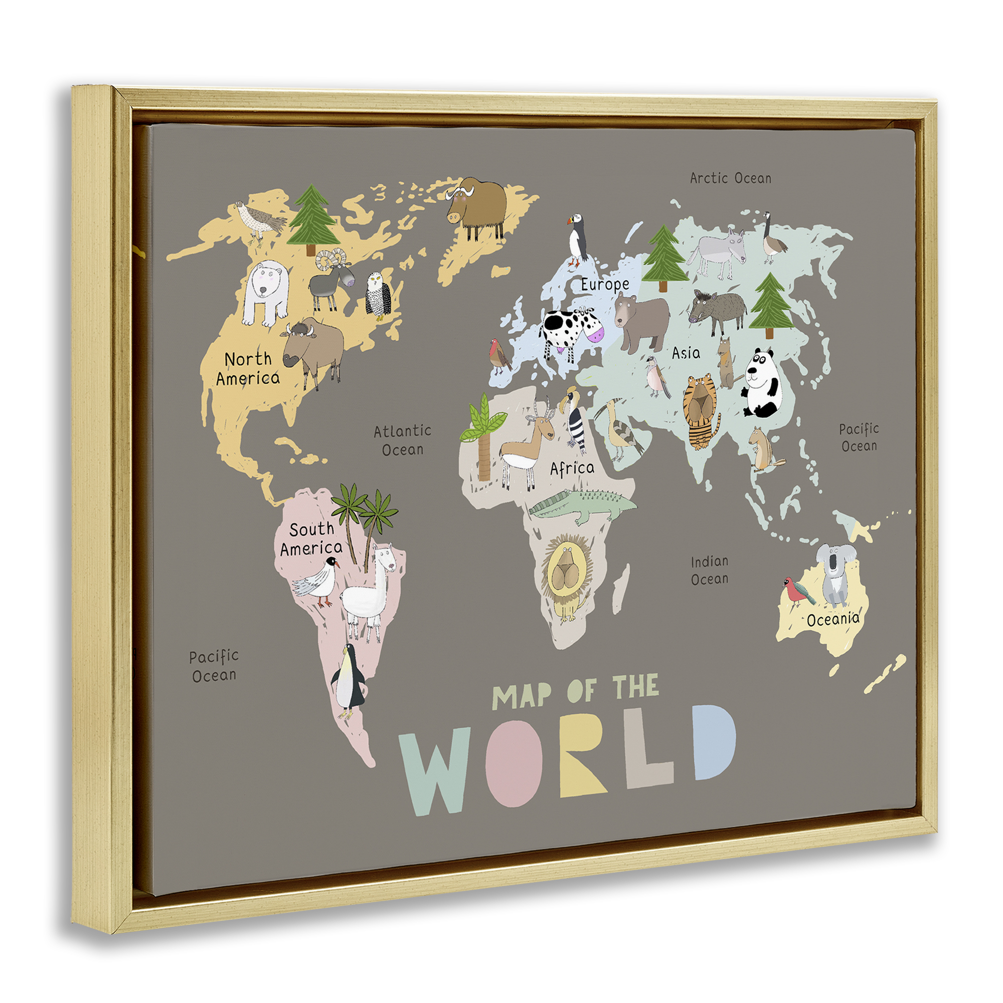 Kid's Map Of World Brown Gold Framed Floater Canvas Wall Art, design by Carla Daly