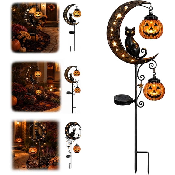 Solar Halloween Black Cat Garden Stake Light, Pumpkin Moon Outdoor Decor with Hanging Jack-o'-Lantern, Solar Powered Metal Yard Light for Garden, Patio, Lawn, Pathway and Porch (Style C)