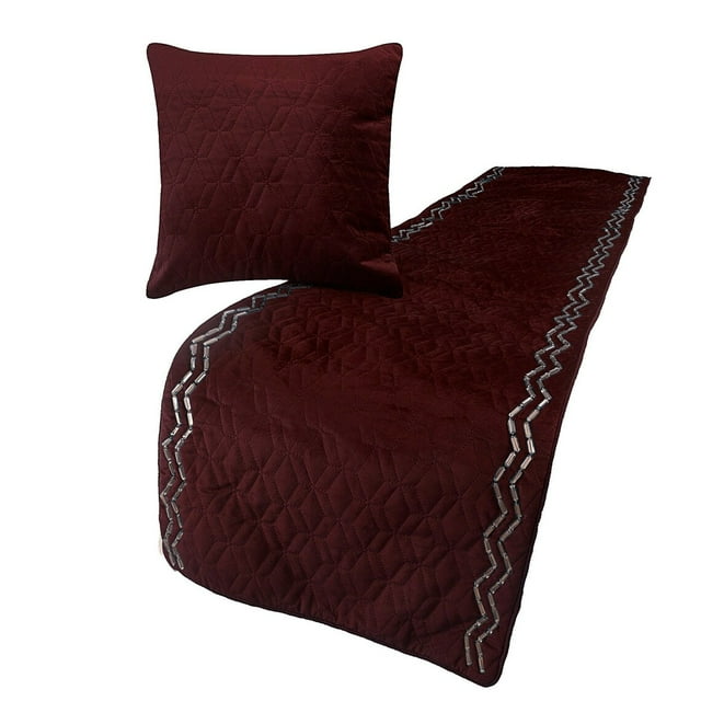 King Queen Twin Deep Wine Decorative Full 68"x18" Bed Runner without Pillow Cover, Quilted & Crystals Bed Scarf on Velvet fabric - Diamond Symphony